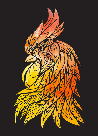Illustration of a rooster head with boho pattern and watercolor background. Fire rooster. Sketch of tattoo prints on T-shirtsのイラスト素材