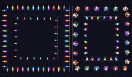 Set of square frames of different colored garlands and lights. Vector element for your creativityのイラスト素材