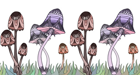 Seamless border with colored mushrooms decorated boho pattern and grass. Doodle element. Vector element for invitations, greeting cards, and your design.のイラスト素材