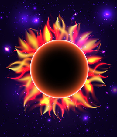 Round fiery frame with stars. Sun with place for text. Planet in universe. Vector element for your design.のイラスト素材