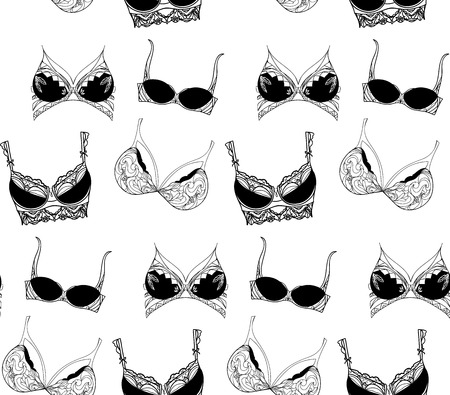 Seamless texture with black women lace bra. Vector background for your creativityのイラスト素材