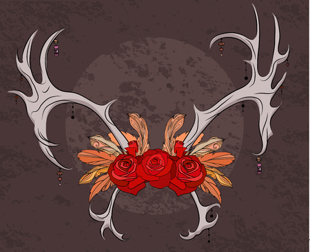 Color illustration deer antlers with roses and feathers. Boho. Vector element for your creativityのイラスト素材