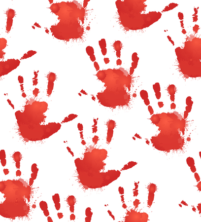 Texture with red prints of children's hands and splashes of watercolor. Vector pattern for your creativityのイラスト素材