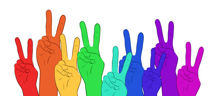 Illustration of multi colored rainbow hands, showing peace. Vector element for your creativityのイラスト素材