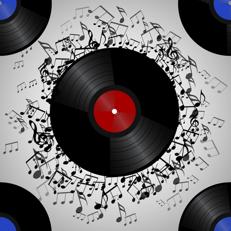 Seamless texture with a vinyl record and music notes. Vector musical pattern for your  creativityのイラスト素材