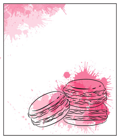 Delicate card with contour drawing of macaroon and pink watercolor splashes.のイラスト素材