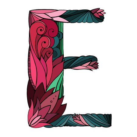 Coloring freehand drawing capital letter E with floral doodle pattern.のイラスト素材