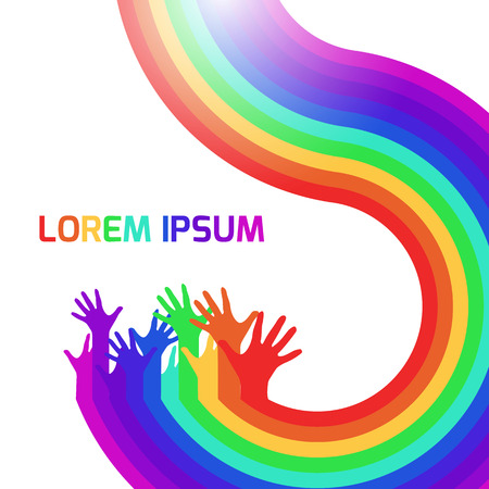 Template with a rainbow and colorful hands. Vector background for presentations, greeting cards and your design.のイラスト素材
