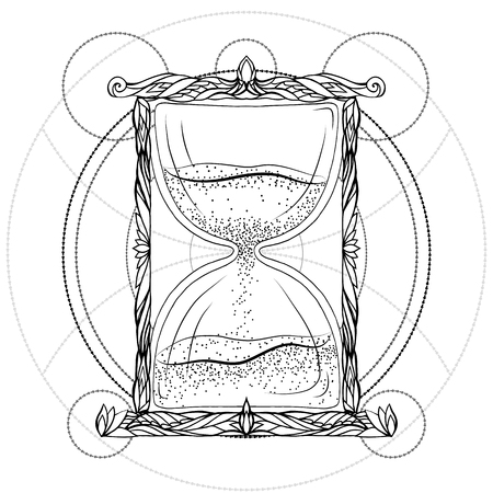 Black and white illustration of an hourglass with a doodle pattern. Vector element for printing on...
