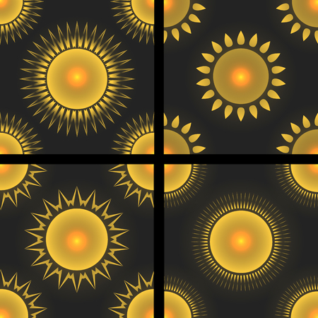 Set of seamless textures with different kinds of suns on dark background. Vector pattern for your creativity.のイラスト素材