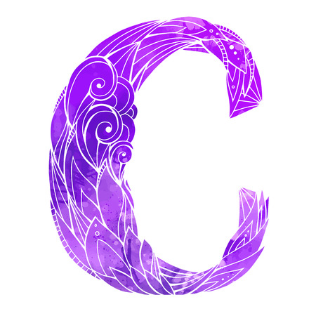 Coloring freehand drawing capital letter C with floral doodle pattern and watercolor background. Vector element for your design.のイラスト素材