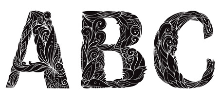 Set of silhouettes freehand drawing capital letters with floral doodle pattern. Abc. Vector element for your design.のイラスト素材