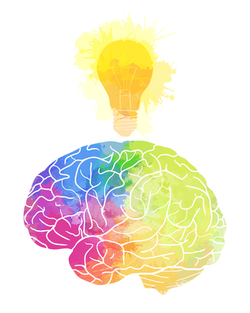 Human brain with rainbow watercolor splashes and a light bulb on a white background. Idea, inspiration. Vector element for your designのイラスト素材
