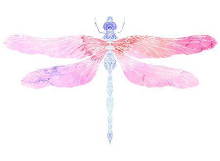 Watercolor illustration of dragonfly with boho pattern. Vector element for your creativityのイラスト素材
