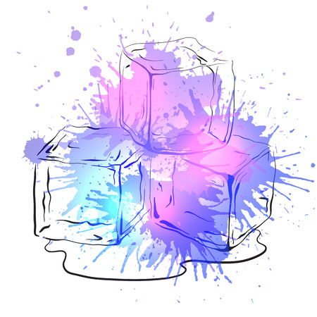 Hand drawn ice cubes with watercolor splashes. Vector illustration for your creativityのイラスト素材