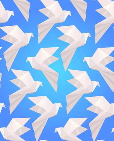 Seamless texture with white origami  doves  on a blue background. Vector background for your creativityのイラスト素材