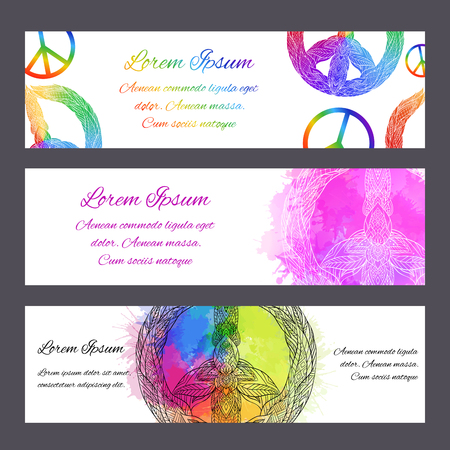 Set of gift certificates, banners and vouchers with sign of peace with boho pattern in rainbow watercolor splashes.のイラスト素材