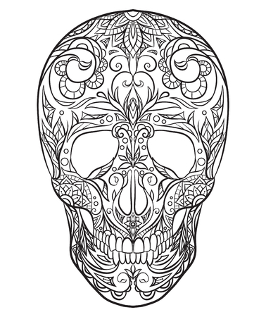 Contour black and white illustration of a sugar skull. The holiday of the Day of the DeadVector element for your creativityのイラスト素材