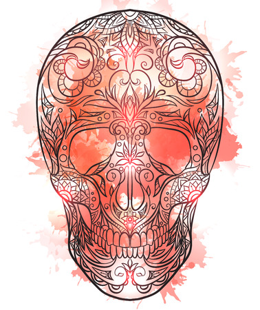 Contour  illustration of a sugar skull with watercolor splashes. The holiday of the Day of the DeadVector element for your creativityのイラスト素材