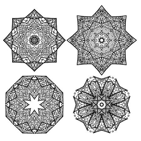 Set of black and white round mandalas snowflakes. Vector element for coloring, sketching tattoos, seals on T-shirts and your designのイラスト素材