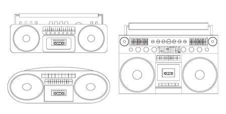 Set of linear illustrations of audio tape recorders and boom box. Vector black and white element for your creativityのイラスト素材
