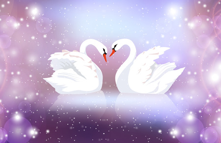 Romantic illustration of a pair of white swans on a blurred background with sparkles.のイラスト素材