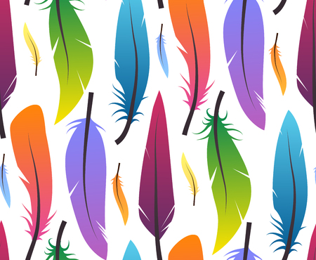Seamless pattern with colorful different feathers on white background. Vector texture for wrappers, wallpaper and your design.のイラスト素材