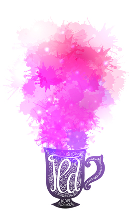 Hand drawn illustration with a lettering and a cup of tea and steam with bokeh and watercolor sprays.のイラスト素材