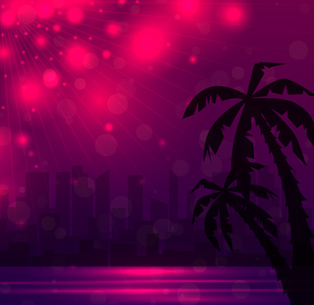 Evening illustration of a city beach with palm trees. Vector landscape for your design.のイラスト素材