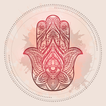 Henna illustration of Hamsa with boho pattern and watercolor blots on light pink background.のイラスト素材