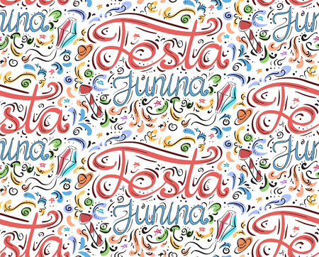 Seamless pattern with lettering Festa junina. Hand drawn lettering. Vector texture for festive postcard, greeting card, wallpaper and your design.のイラスト素材