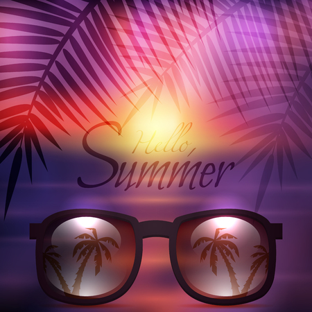 Vector summer poster with sunglasses, palms and calligraphy. Sunset beach background.のイラスト素材