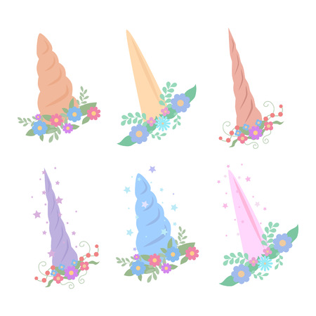 Set of cartoon different horns of a unicorn with flowers and sparkles.のイラスト素材