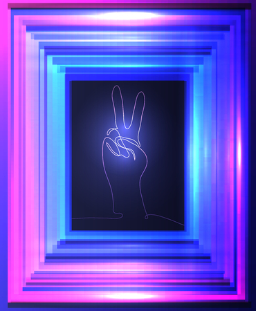 Neon illustration of gesture of hand from continuous line. The gesture of peace in neon frame. Vector element for your creativityのイラスト素材