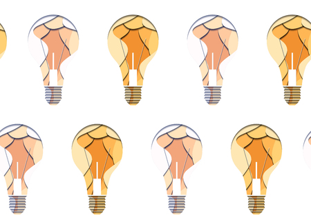 Seamless pattern of 3d bulbs cut from paper on white background. Vector texture for your creativityのイラスト素材