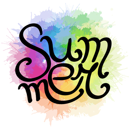 Lettering Summer written by hand with rainbow watercolor splashes. Calligraphic inscription. Vector element for banners, printing on T-shirts, postcards and your designのイラスト素材
