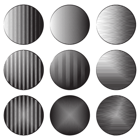 Set of round banners with engraving shading. Different types of hatching.のイラスト素材
