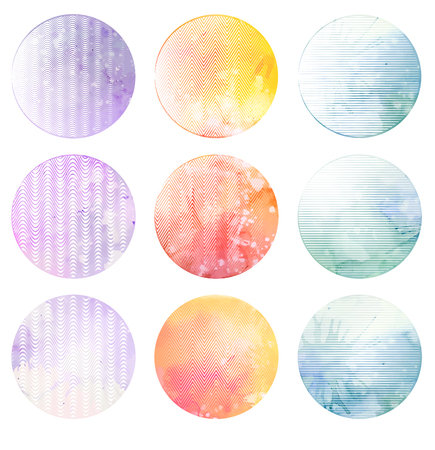 Set of round banners with engraving shading with watercolor background.のイラスト素材