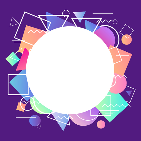 Neon banner in the memphis style with geometric shapes on purple background.のイラスト素材