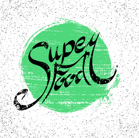 Lettering Superfood written by hand with grunge green circle.and  spotted background. Calligraphic inscription. Vector element for banners, printing on T-shirts, postcards and your designのイラスト素材