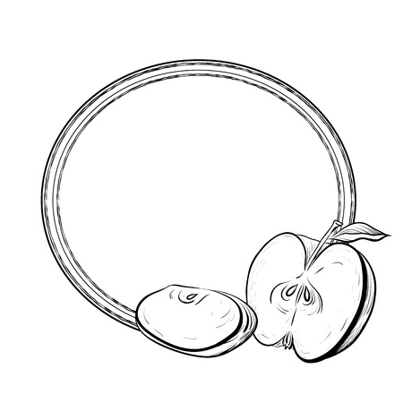 Round frame with black and white engraved illustration of apples. Hatched drawing. The object is separate from the background. Template for the menu, recipes, postcards and your creativity.のイラスト素材