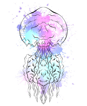 Contour black and white illustration of jellyfish with watercolor splashes. The object is separate from the background. Linear illustration for printing on T-shirts, covers, sketches of tattoos and your design.のイラスト素材