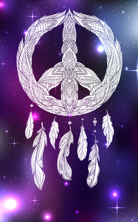 Hand drawn boho illustration of dream catcher with pacific sign and feathers on cosmic background. Vector mystic illustration for printing on a T-shirt, postcard, cover and for your creativityのイラスト素材