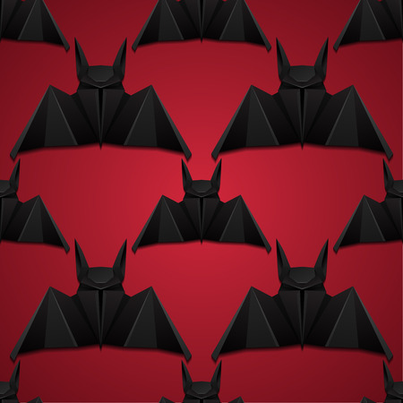 Seamless pattern with 3d illustration of origami bat on red background. Halloween. Vector texture for wrapping paper, wallpaper, backgrounds and your creativityのイラスト素材