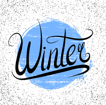 Lettering Winter written by hand with grunge circle and  spotted background. Calligraphic inscription.のイラスト素材
