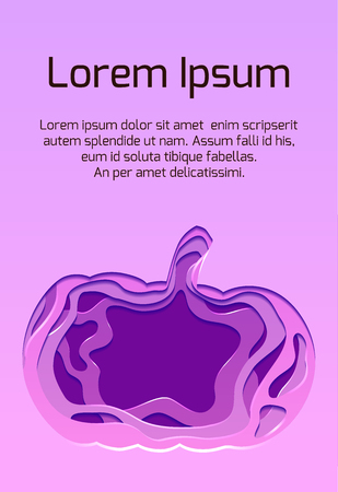 Neon greeting card with 3d festive Illustration of pumpkin cut from paper. Halloween.  Thanksgiving card. Vector templateのイラスト素材