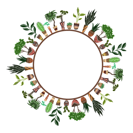 Round frame of home flowers in pots with decorations on the shelves. Objects separate from the background.  Vector element for cards, invitations and your creativityのイラスト素材