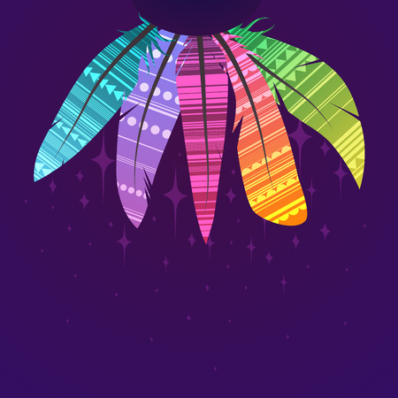 Square card with multicolored boho feathers of birds with decoration, stars and a place for the text on dark background. Vector element for greeting cards, invitations and your creativityのイラスト素材
