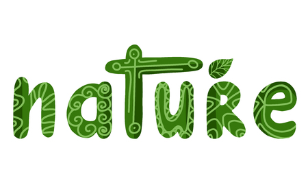 Handwritten lettering nature with decorations. The object is separate from the background. Vector element for postcards, articles and your design.のイラスト素材