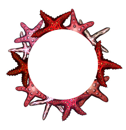 Round frame with various colorful cartoon corals and place for text. The object is separate from the background. Vector template for banner, card and your design.のイラスト素材
